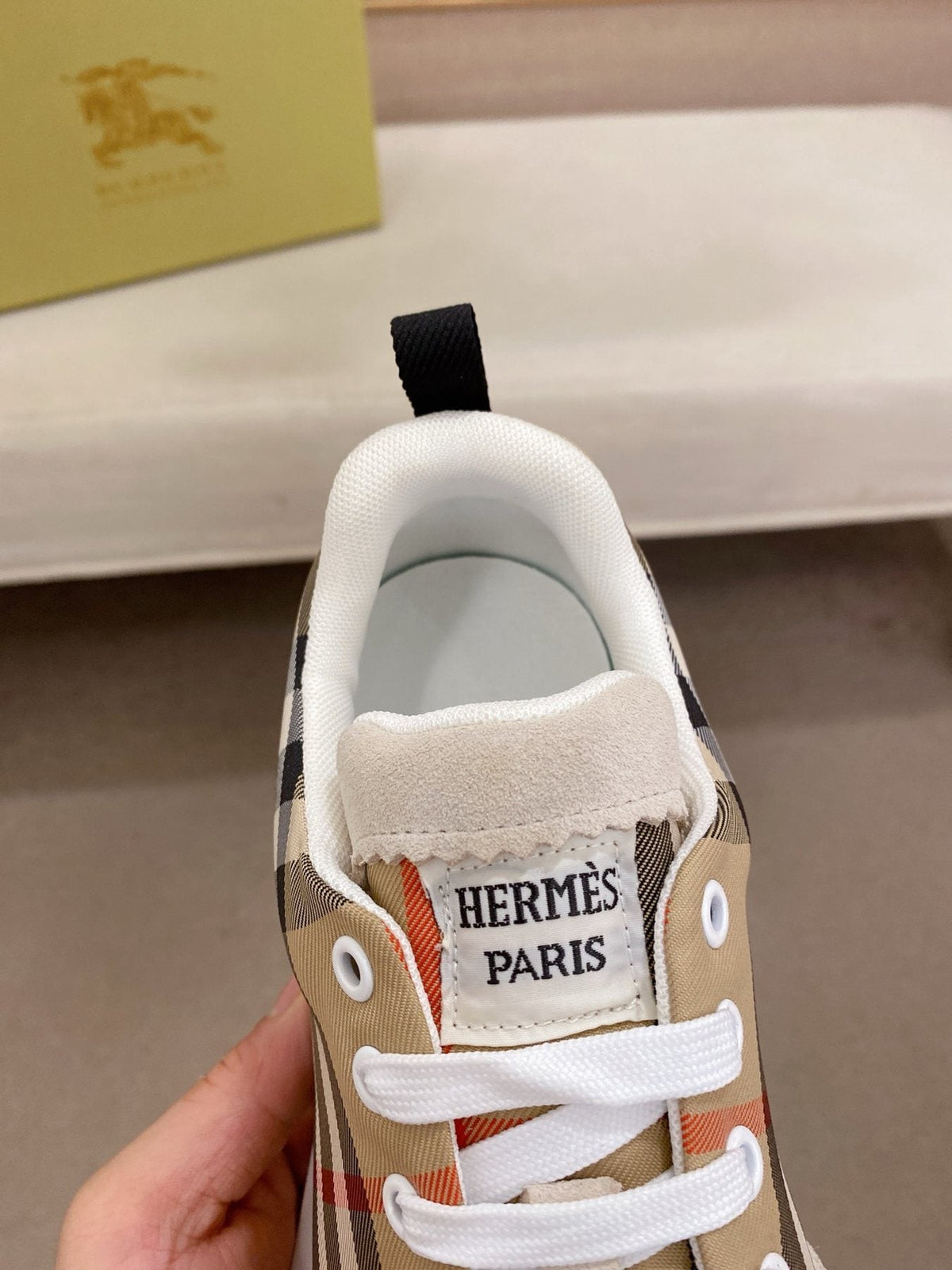 Hermès Gray Plaid Low-Top Sneakers — back