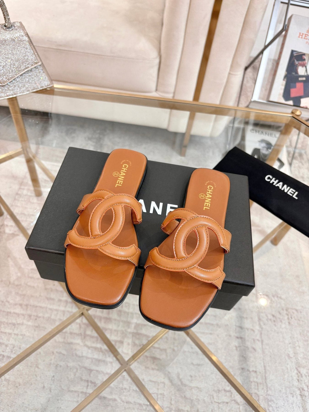 Chanel Embossed Logo Slide Sandals — front