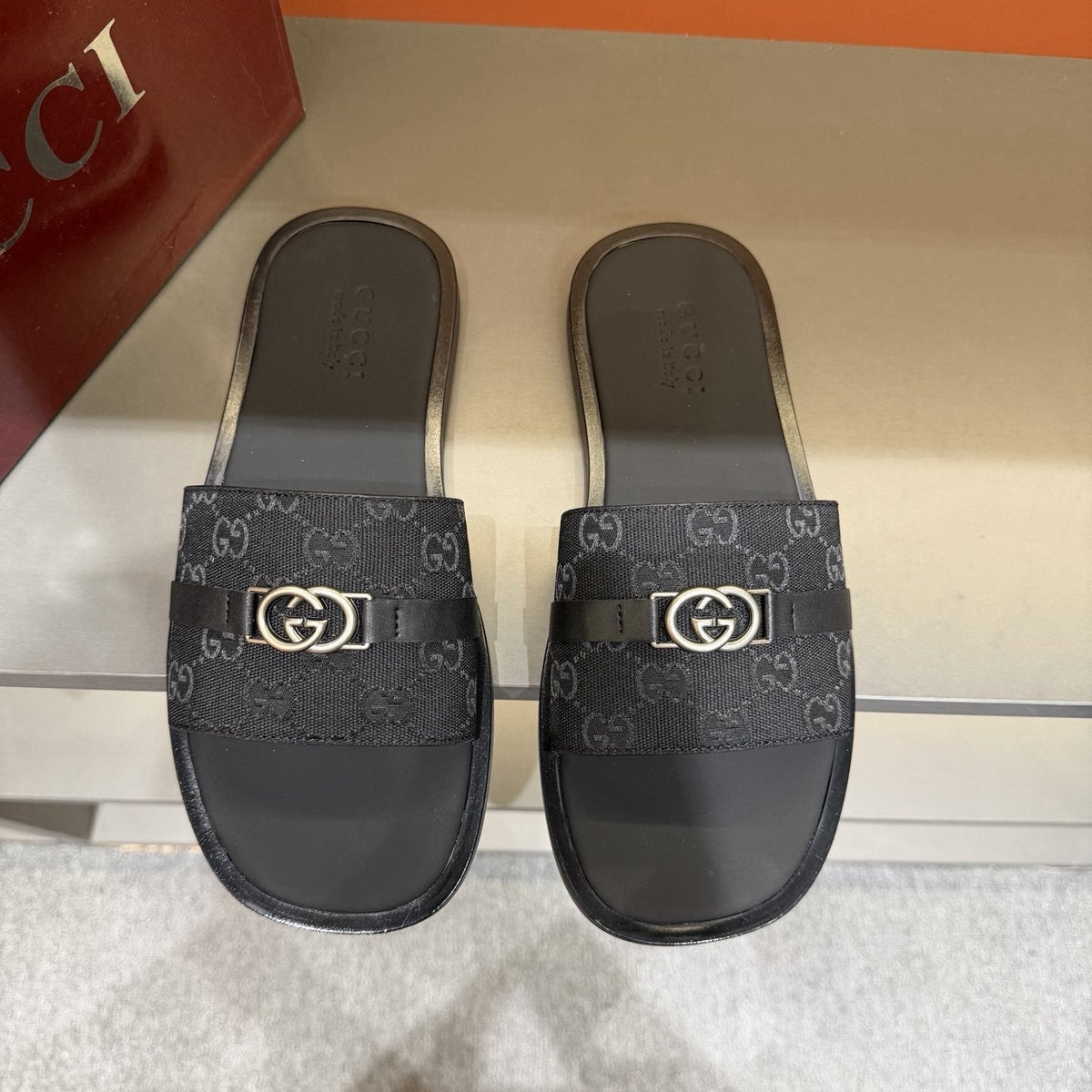 Gucci Beige Patterned Strap Slide Sandals — front