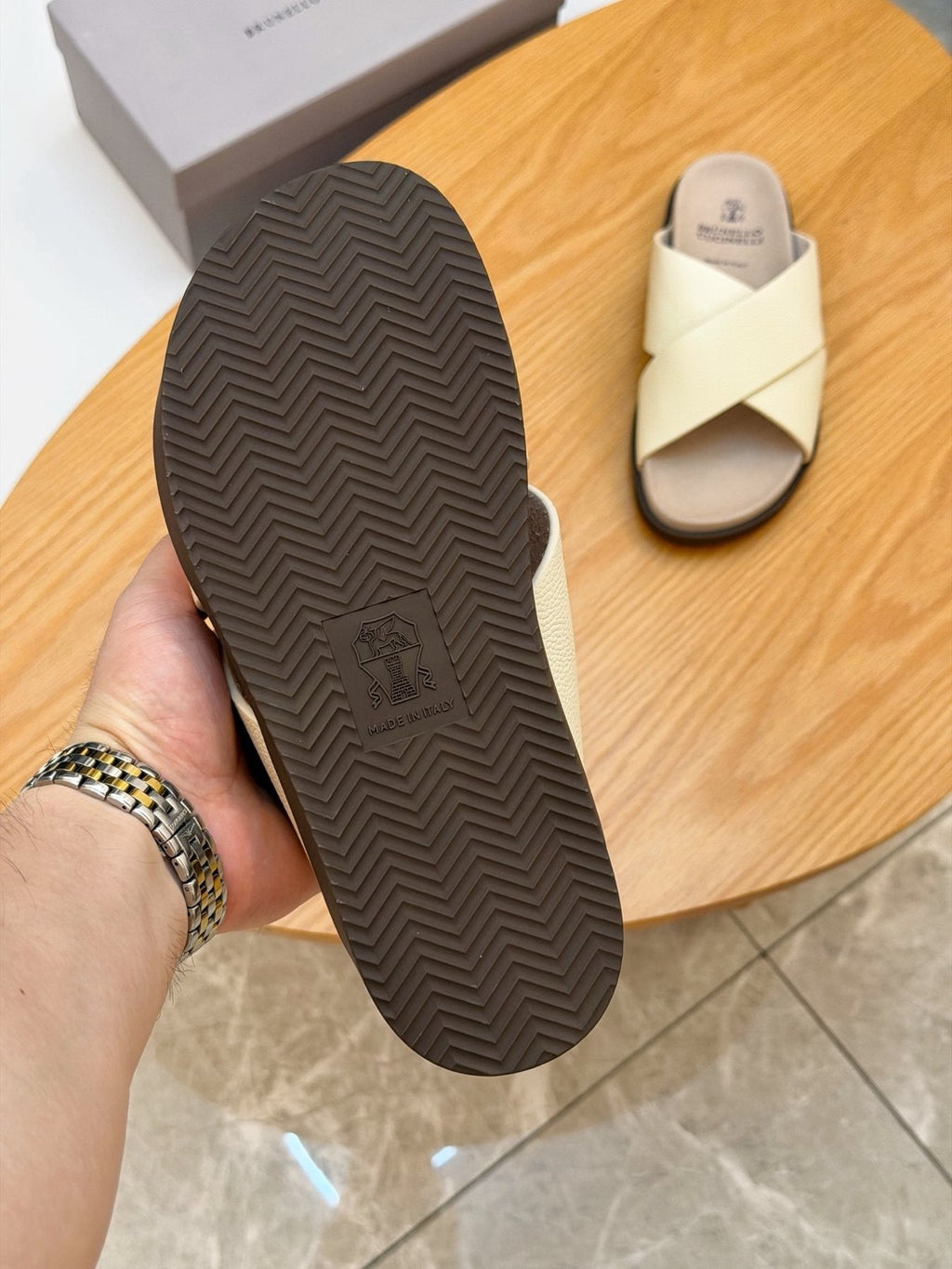 Brunello Cucinelli Crossover Slide Sandals — detail