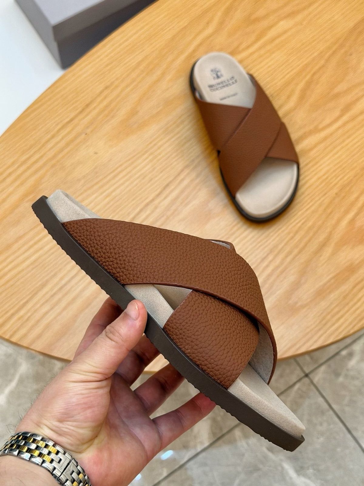 Brunello Cucinelli Crossover Slide Sandals — model