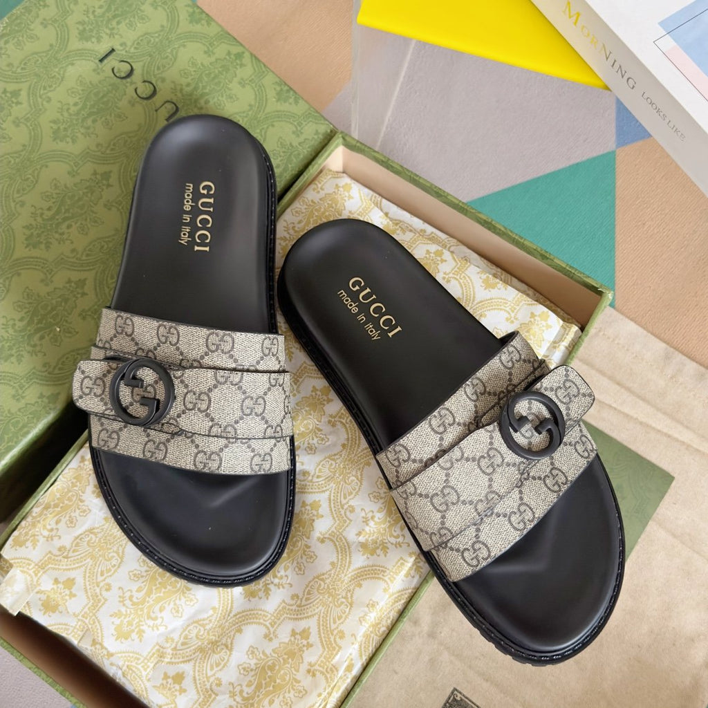 Gucci Beige Monogram Slide Sandals — front
