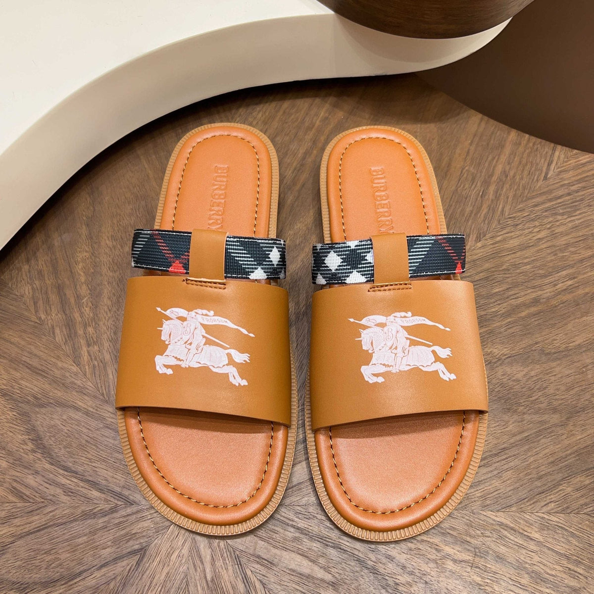Burberry Plaid-Trim Slide Sandals — front