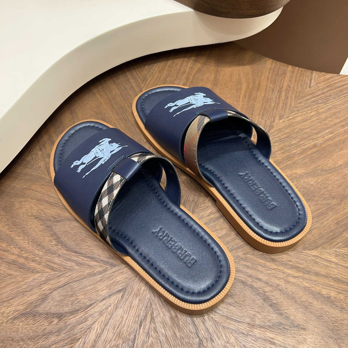 Burberry Plaid-Trim Slide Sandals — front
