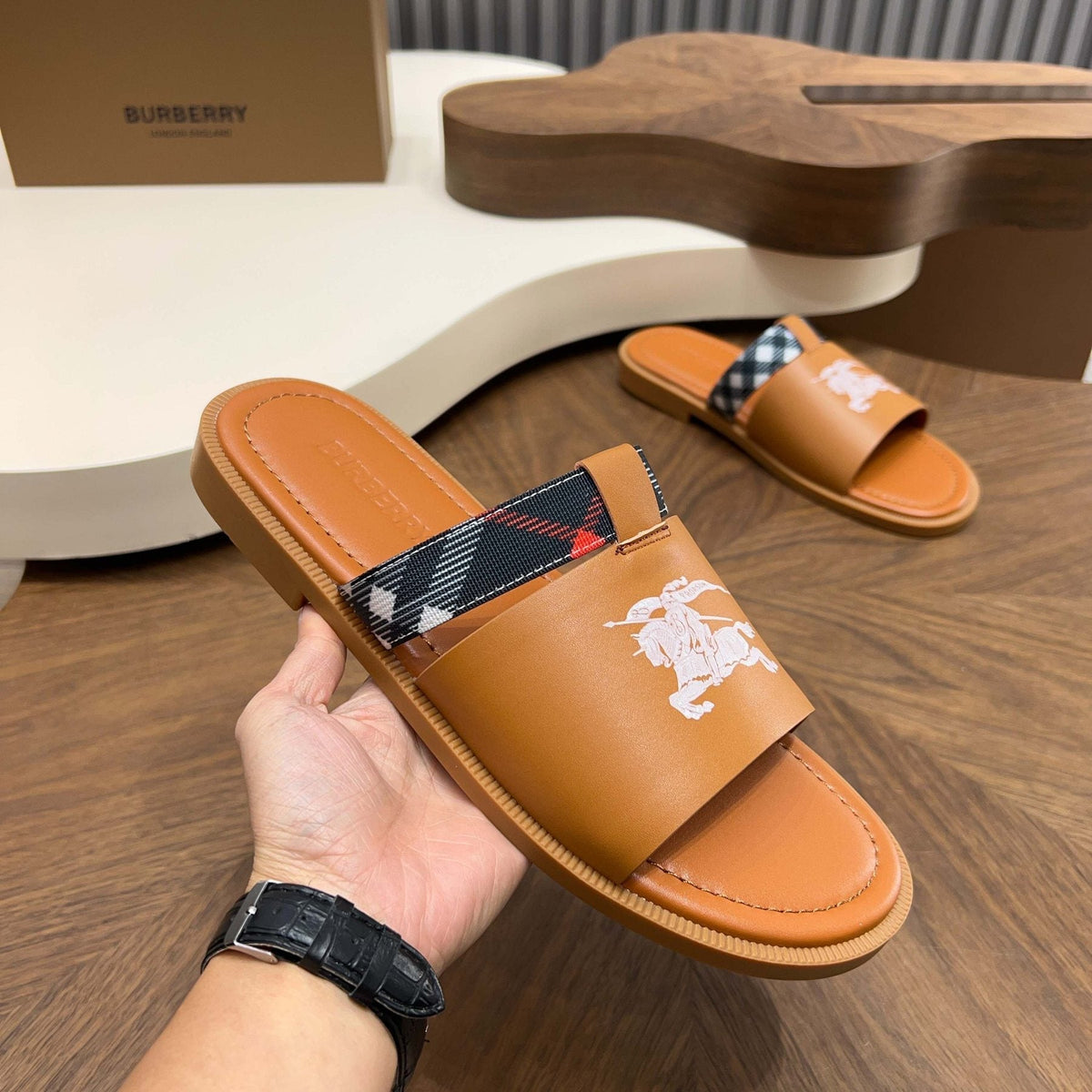 Burberry Plaid-Trim Slide Sandals — model