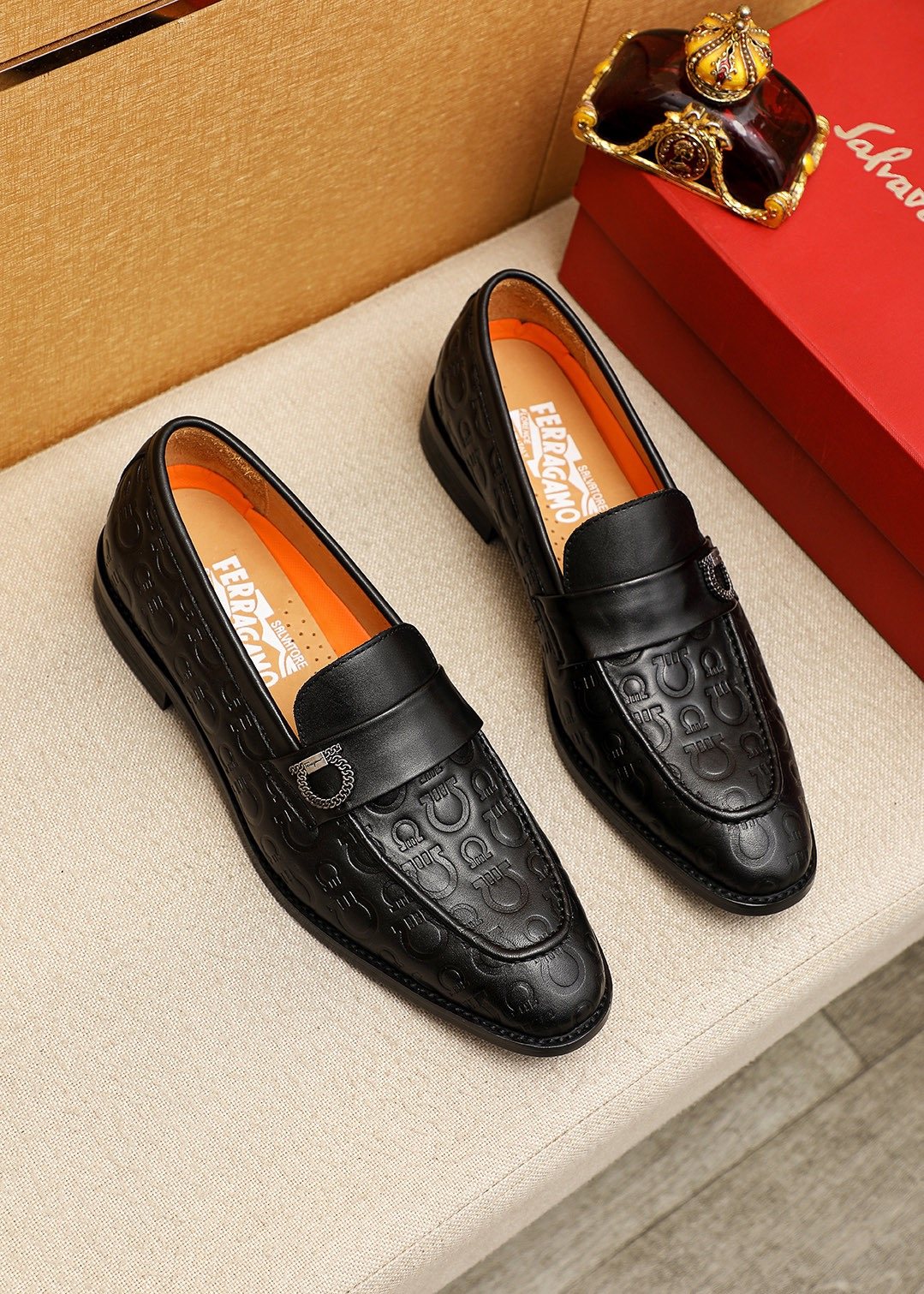 Ferragamo Burgundy Embossed Slip-On Shoes — front