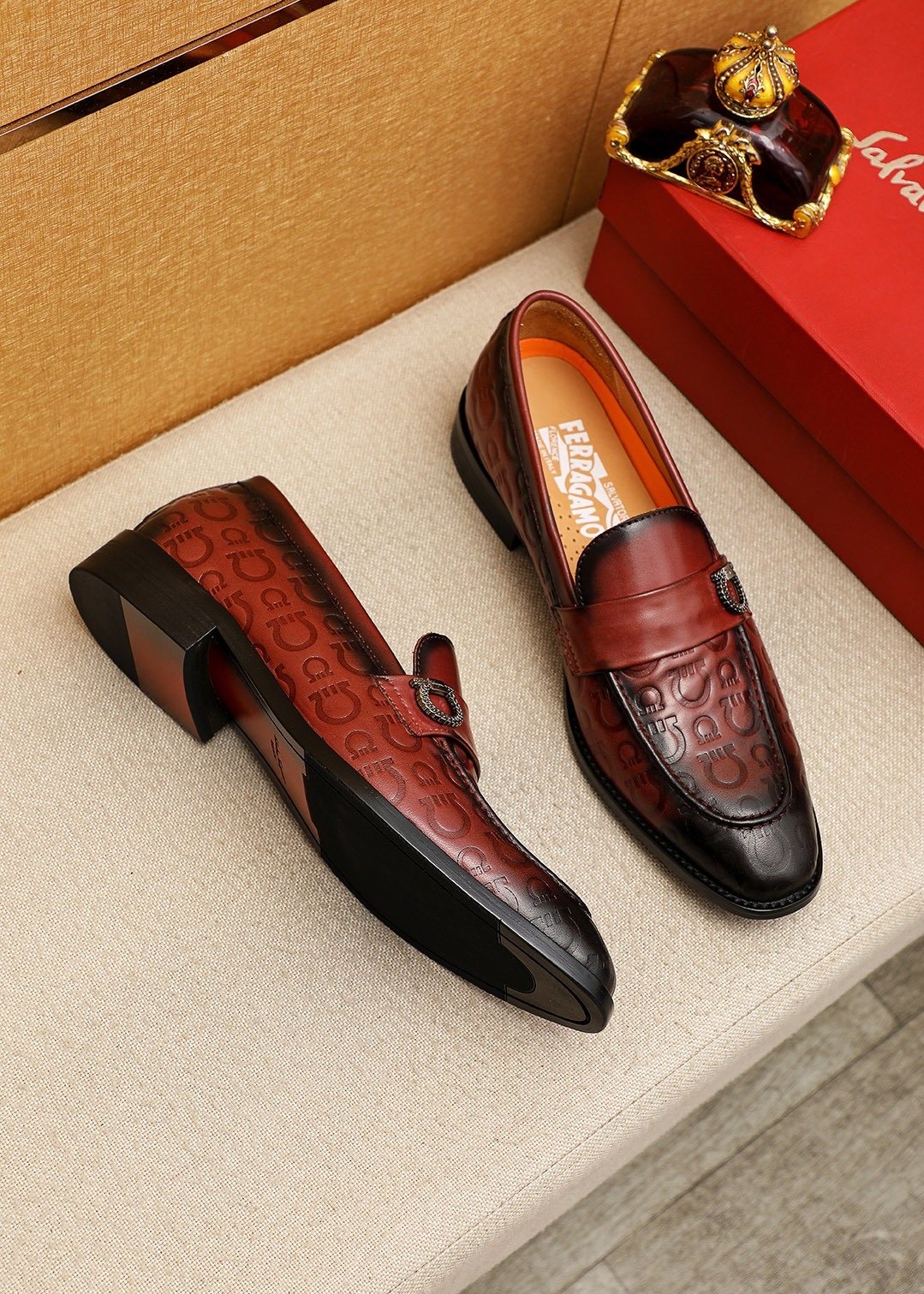 Ferragamo Burgundy Embossed Slip-On Shoes — side