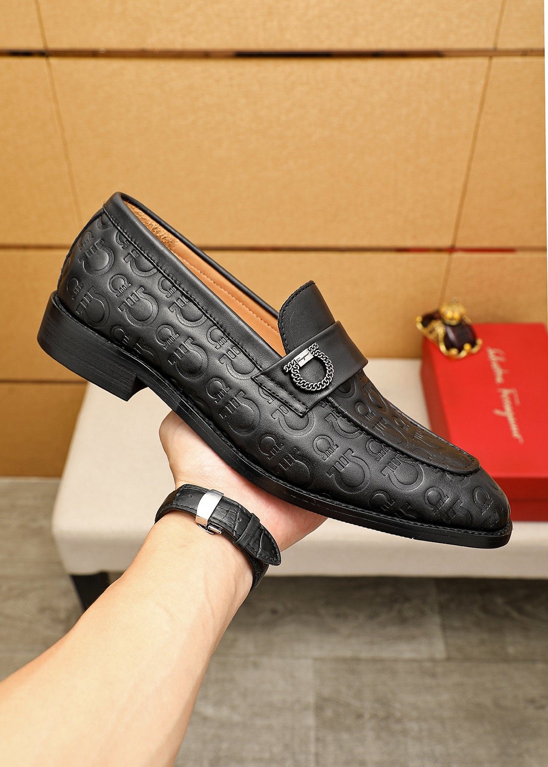 Ferragamo Embossed Buckle Loafers — side