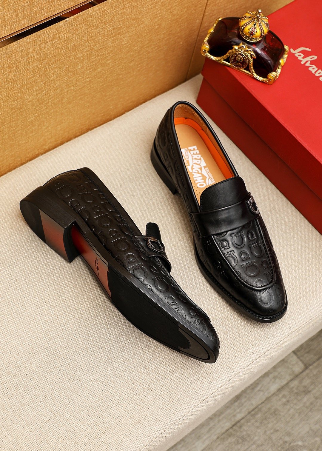 Ferragamo Embossed Buckle Loafers — front