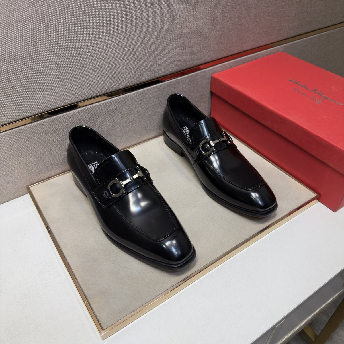 Ferragamo Brown Buckle Loafers — front