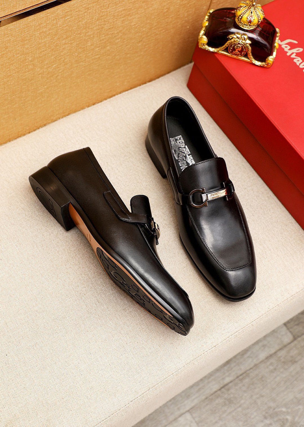Ferragamo Black Buckle Loafers — front