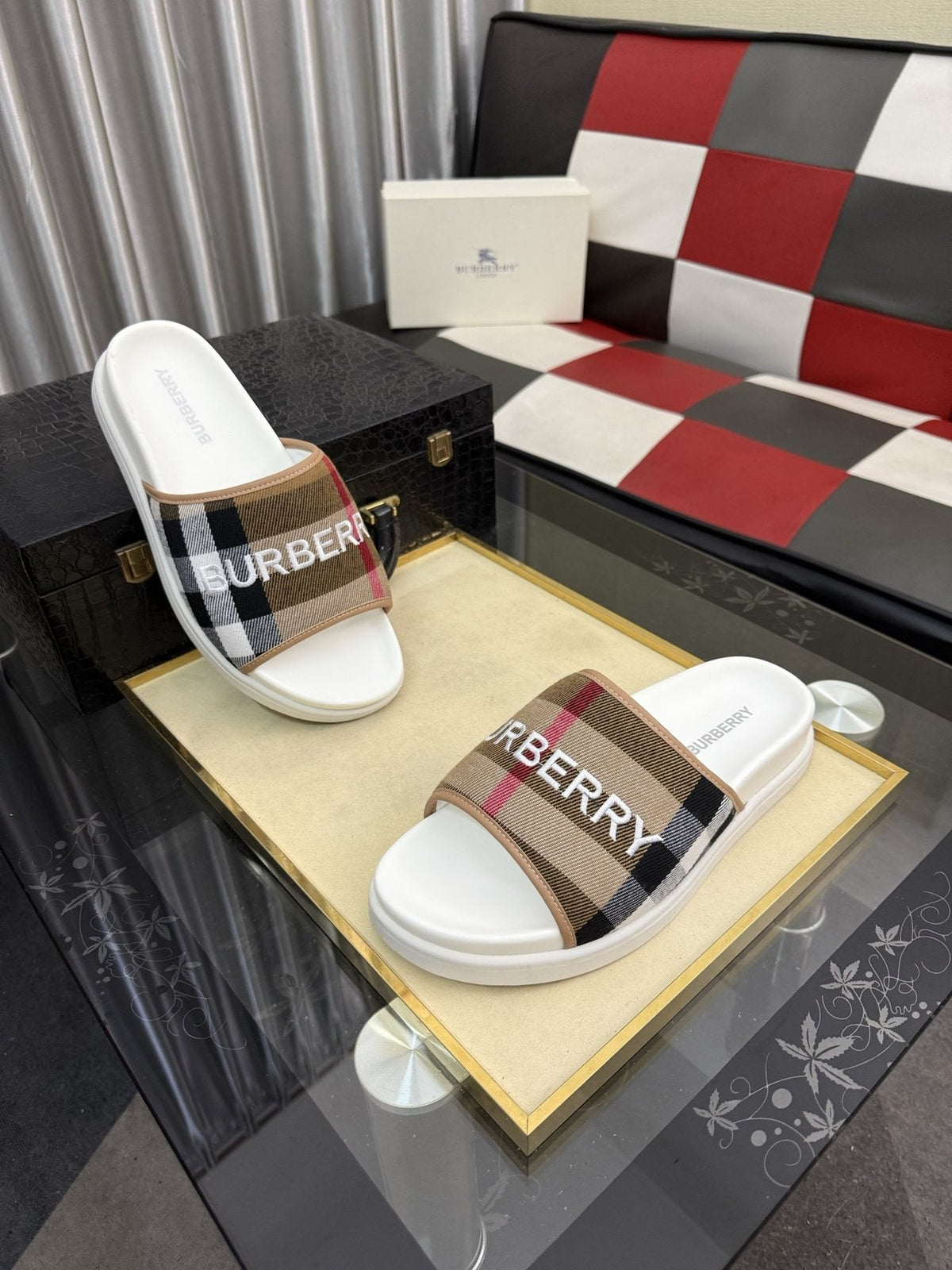 Burberry Check Logo Slide Sandals — front