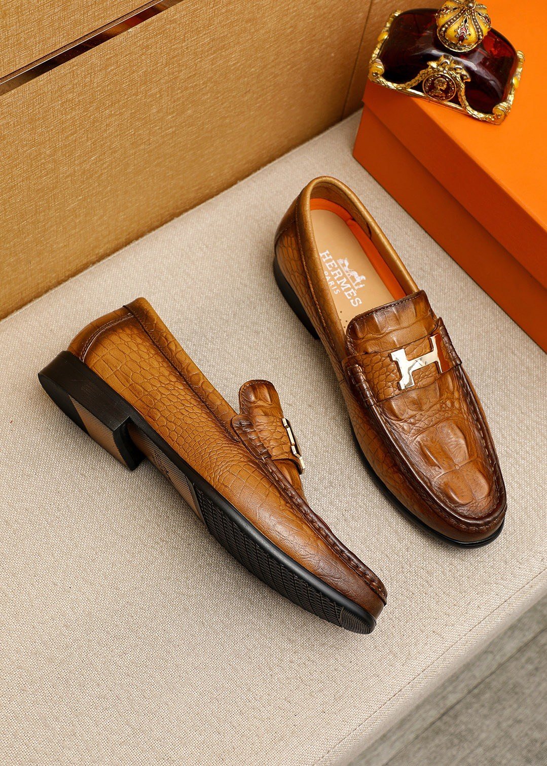 Hermès Crocodile-Embossed H-Hardware Loafers — front