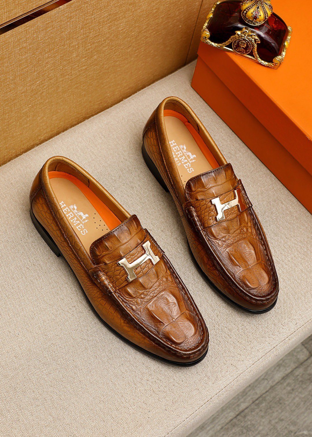 Hermès Crocodile-Embossed H-Hardware Loafers — hero