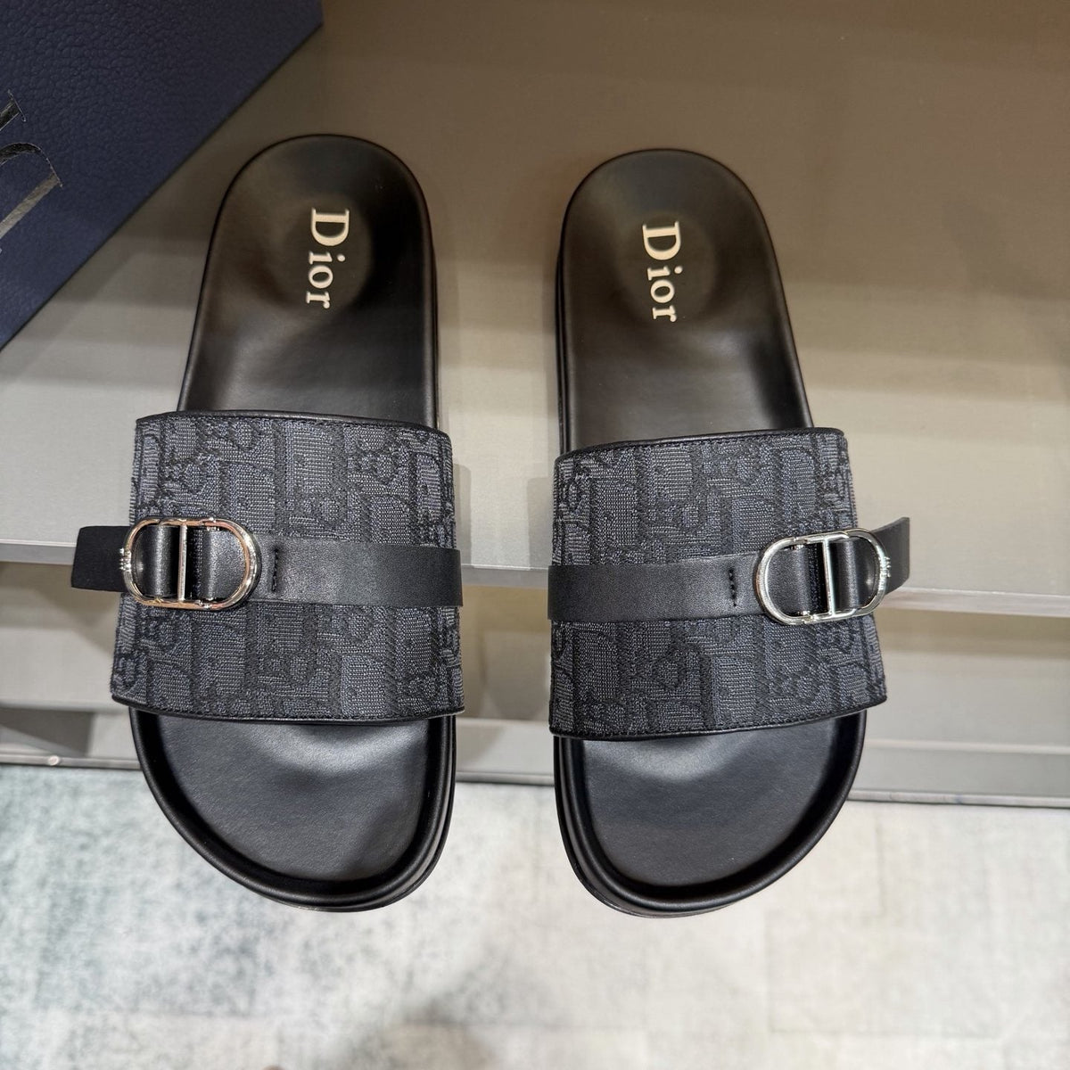 Dior Blue-Gray Pattern Slide Sandals — front