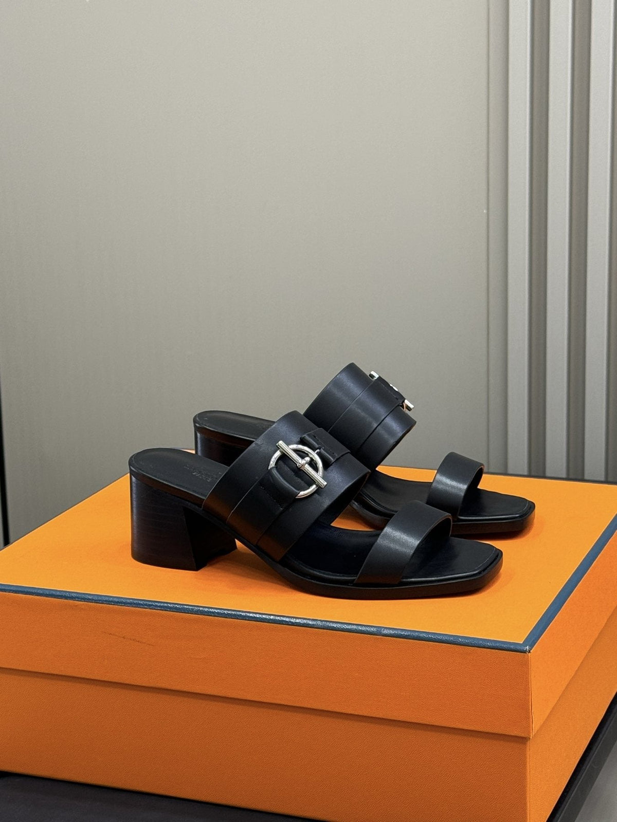 Hermès Kute Buckle Block-Heel Slide Sandals — front