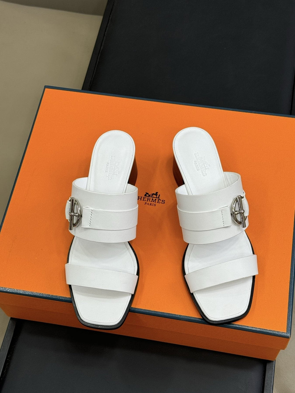 Hermès Kute Buckle Block-Heel Slide Sandals — front