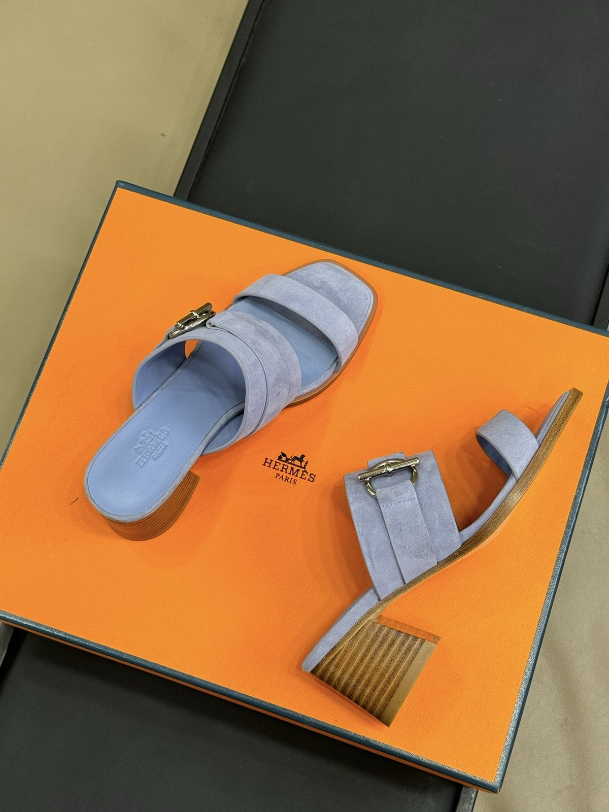 Hermès Kute Buckle Block-Heel Slide Sandals — front