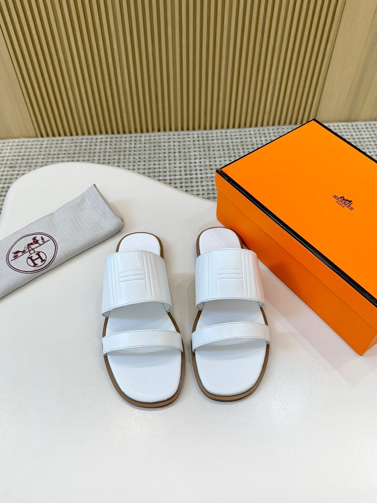 Hermes Ribbed Two-Strap Slide Sandals — front