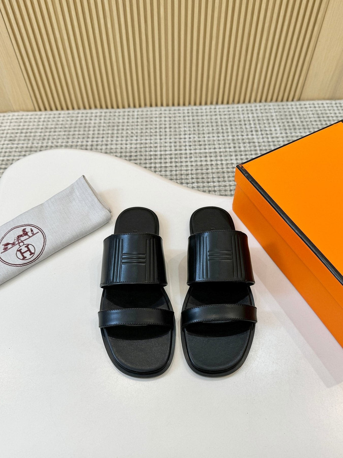 Hermes Ribbed Two-Strap Slide Sandals — front
