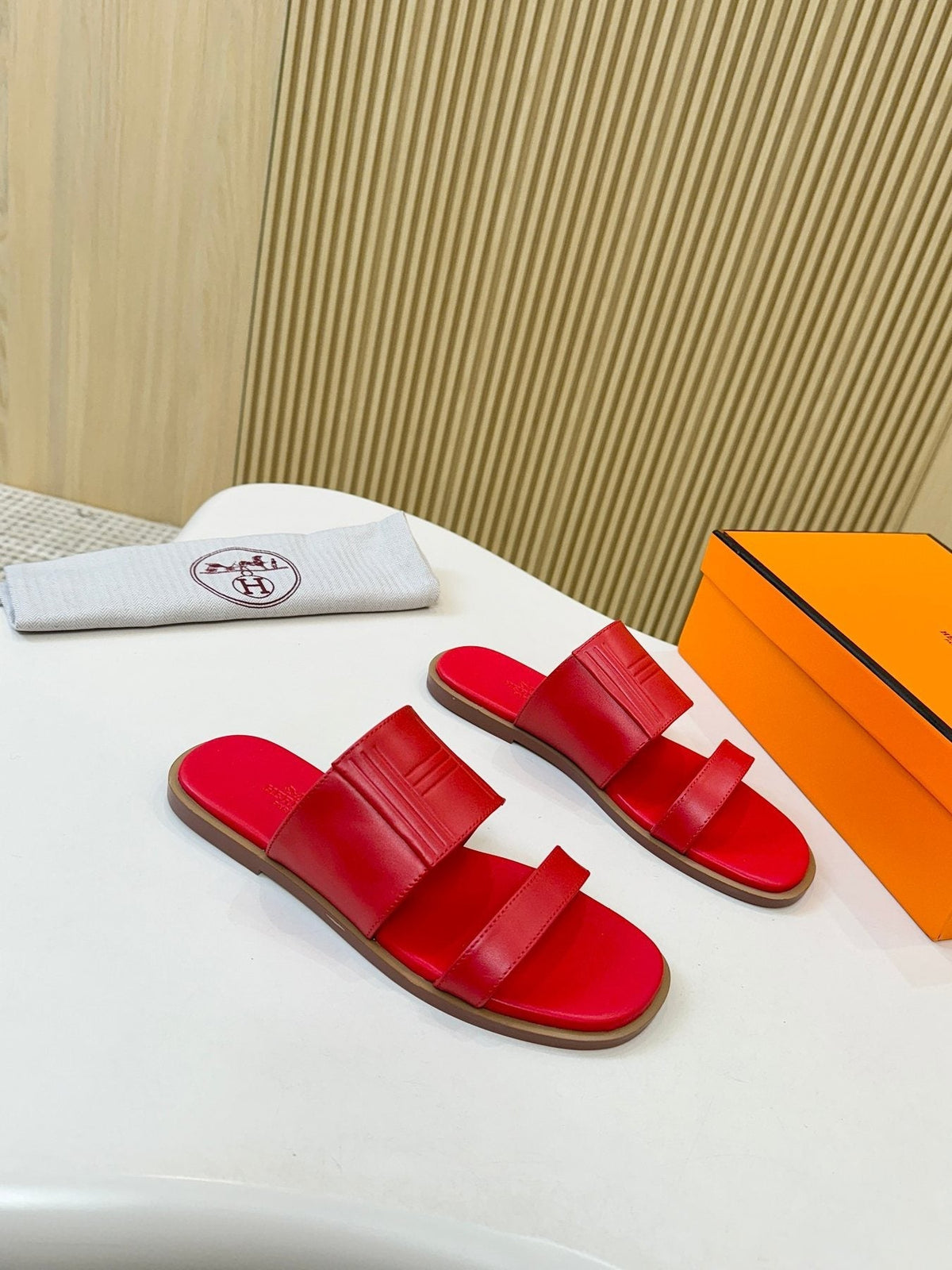 Hermes Ribbed Two-Strap Slide Sandals — front