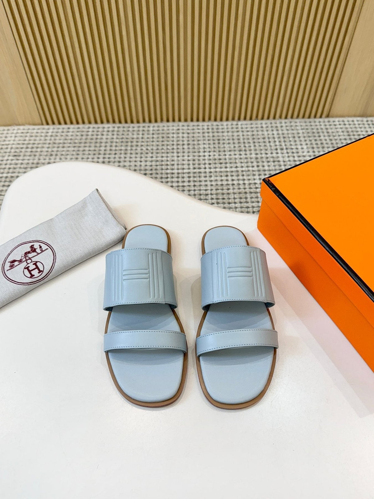 Hermes Ribbed Two-Strap Slide Sandals — front