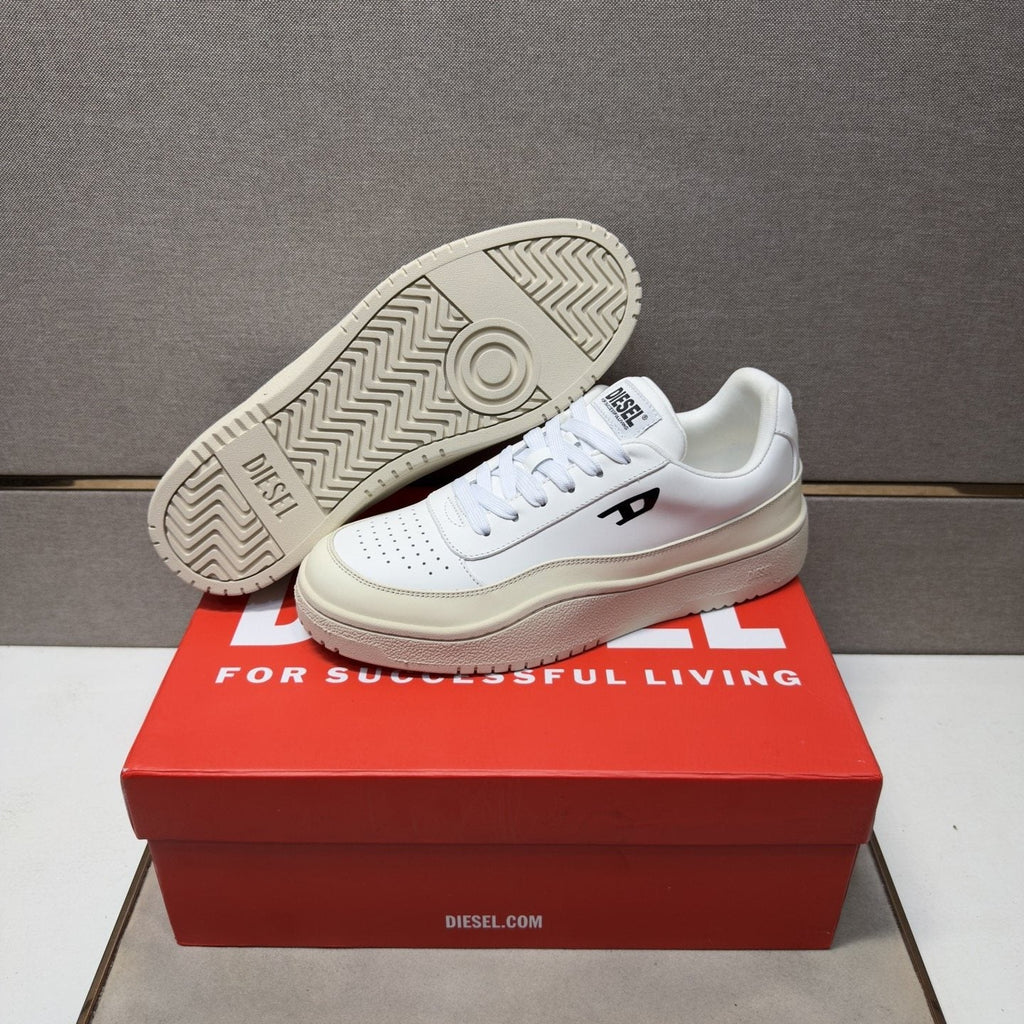 Diesel White Perforated Low-Top Sneakers — detail