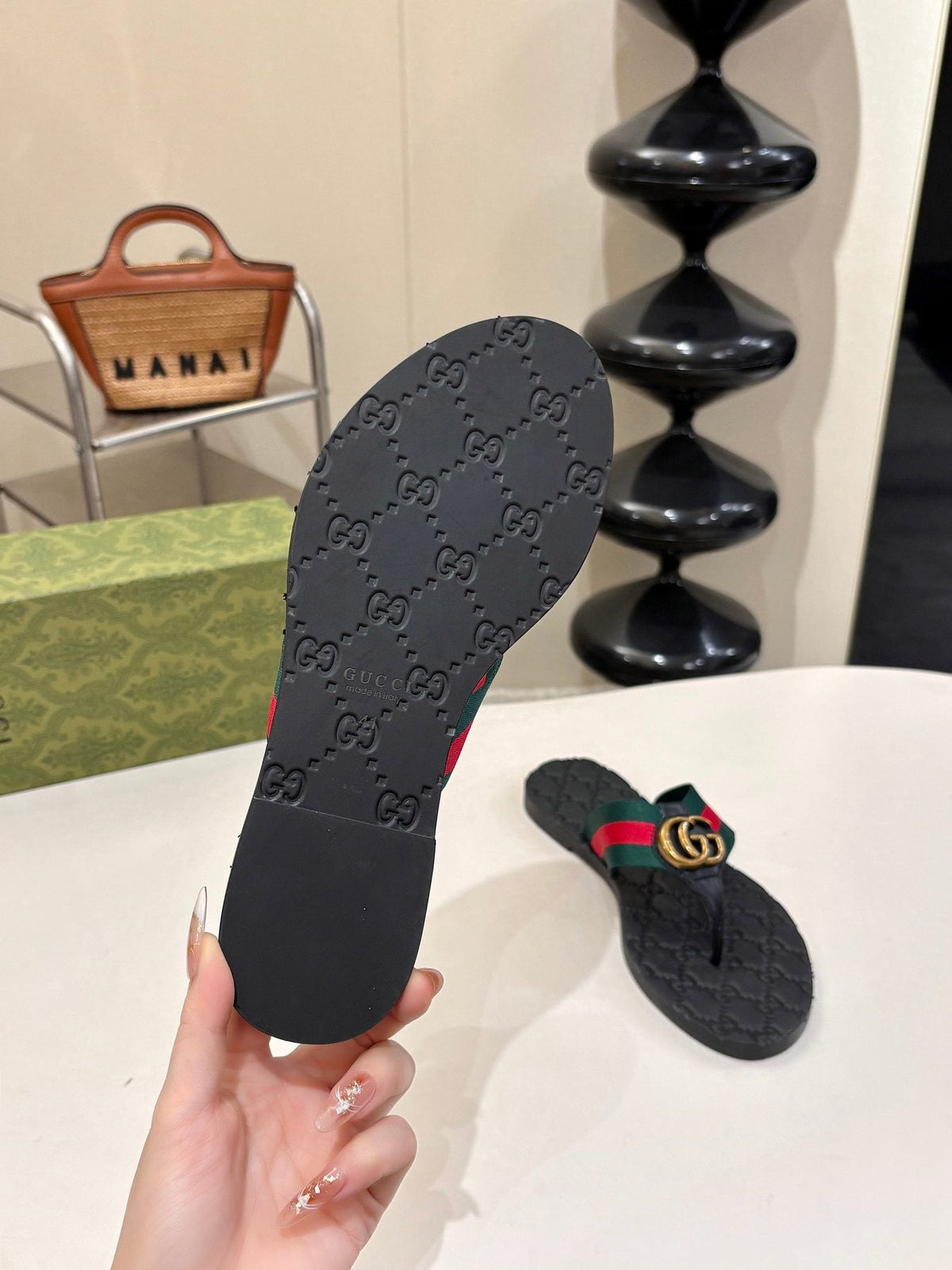 Gucci Green and Red Striped Thong Sandals — back