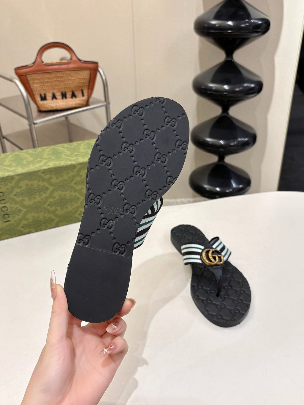 Gucci Green and Red Striped Thong Sandals — back