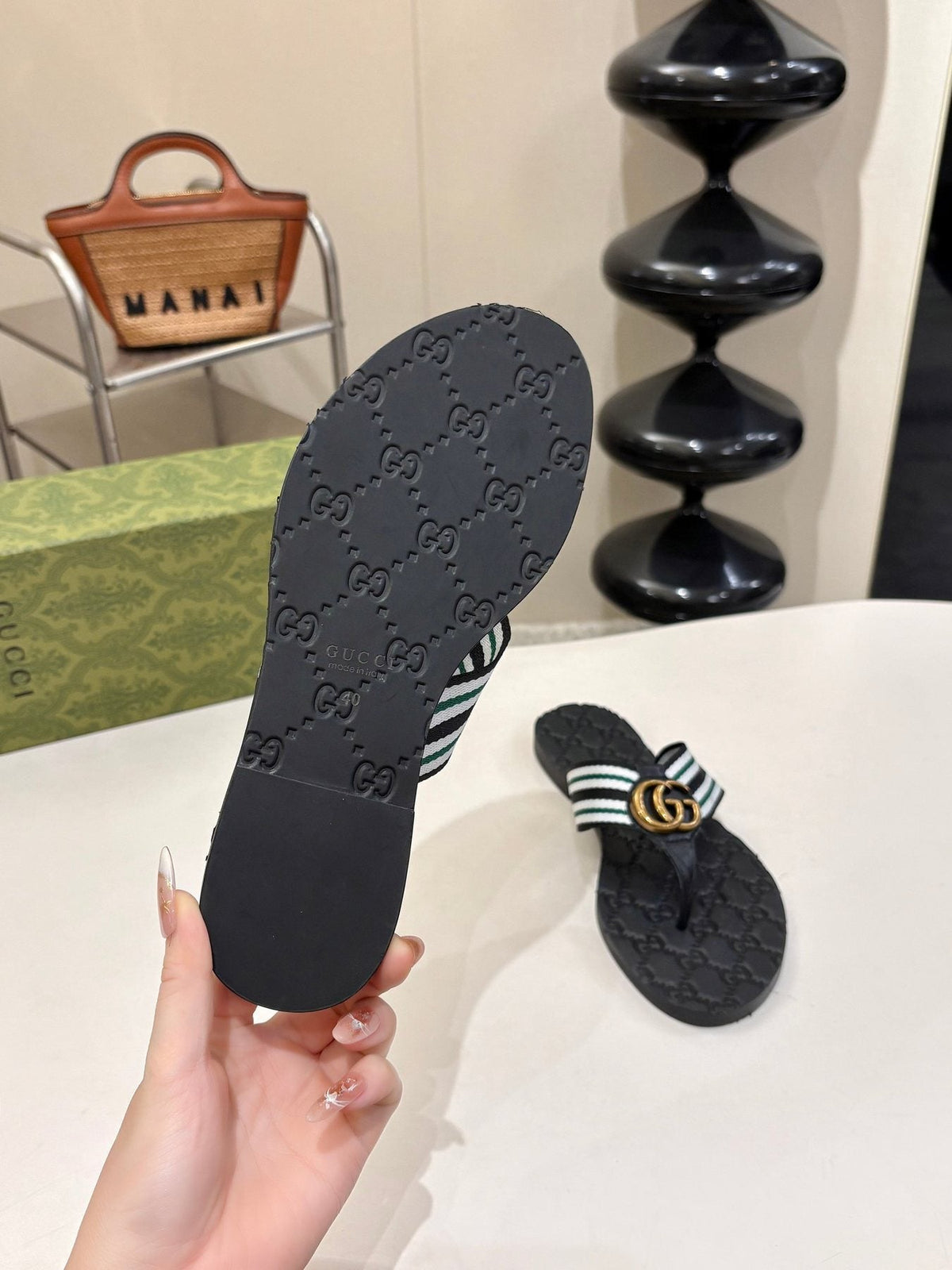 Gucci Green and Red Striped Thong Sandals — back