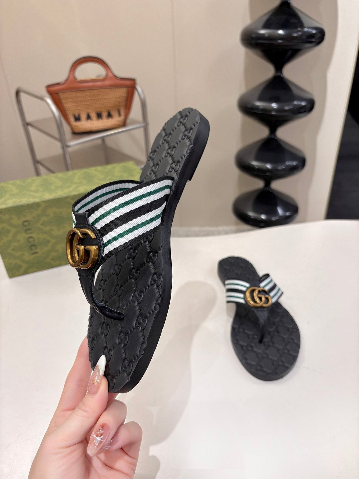 Gucci Green and Red Striped Thong Sandals — side