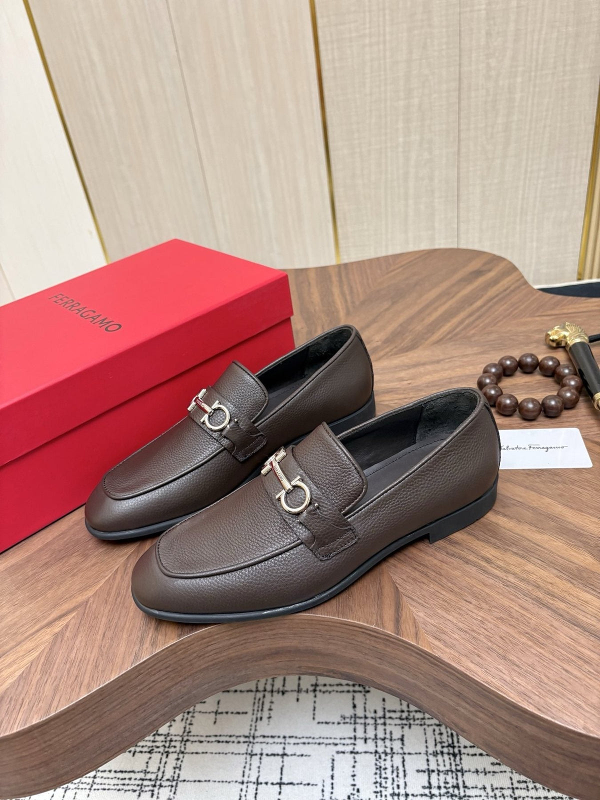 Ferragamo Dark Brown Metal Bit Loafers — front