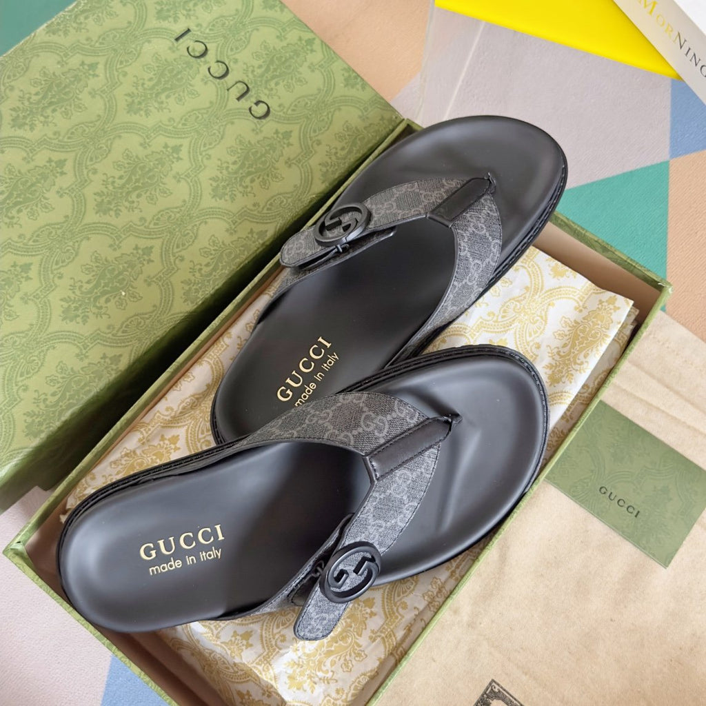 Gucci Black and Gray Monogram Toe-Post Sandals — front