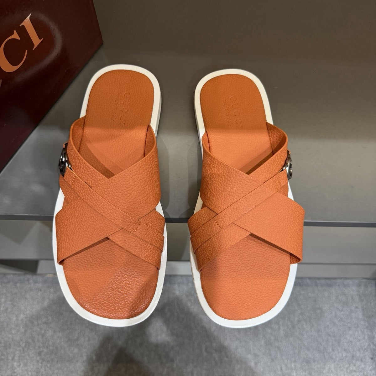 Gucci White Cross-Strap Slide Sandals — front