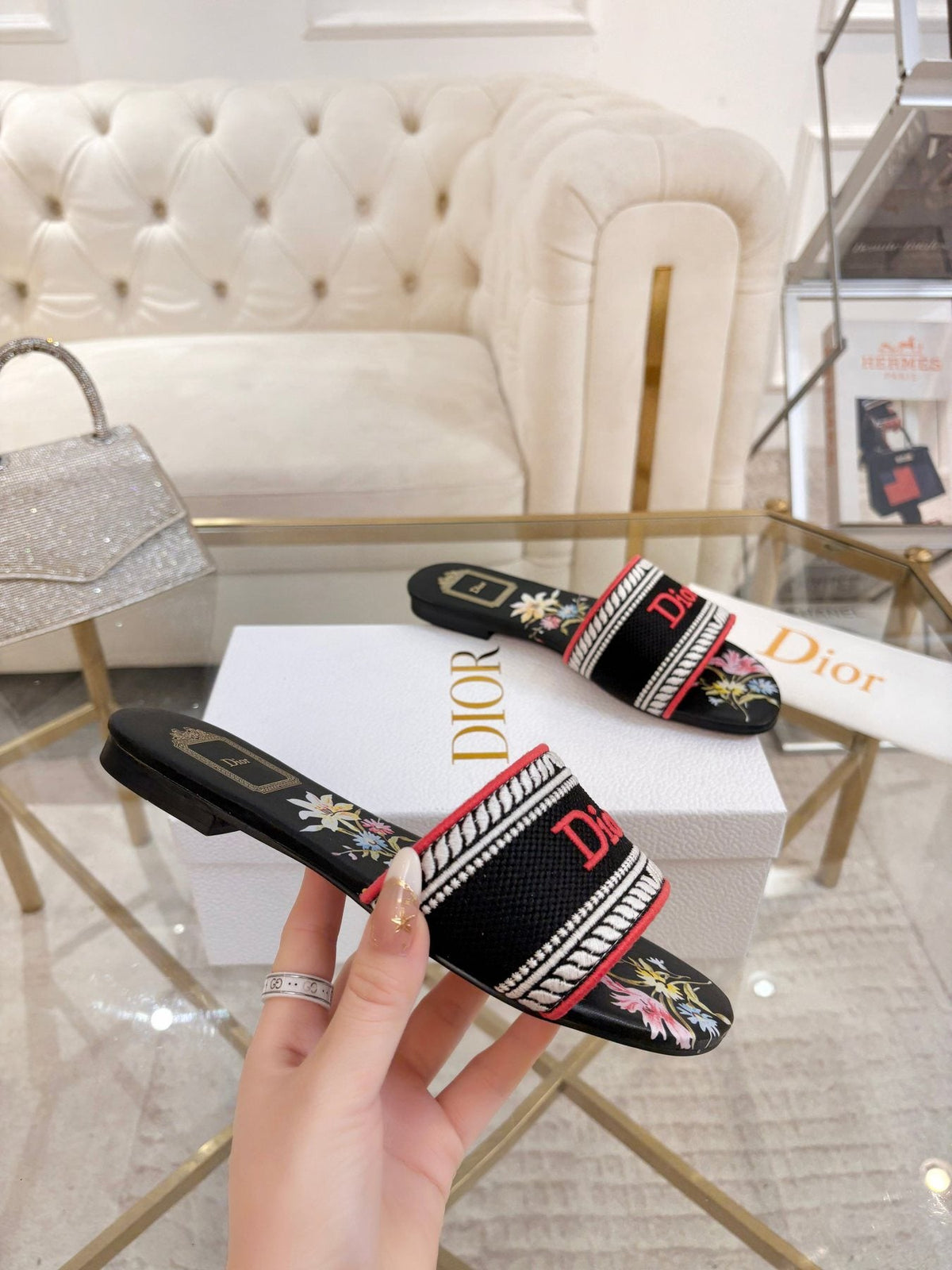 Dior Embroidered Logo Slide Sandals — model