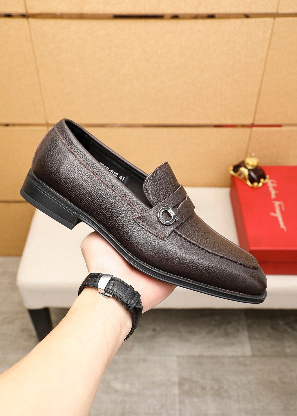 Ferragamo Textured Metal-Accent Loafers — side