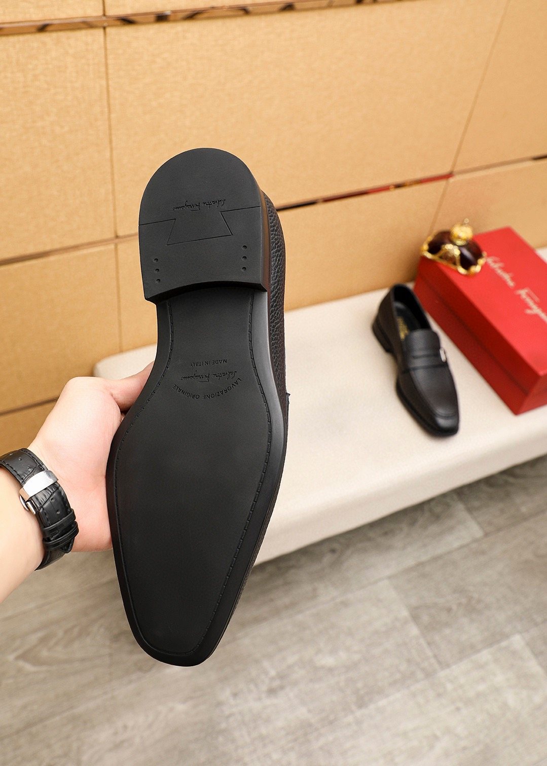 Ferragamo Textured Metal-Accent Loafers — side