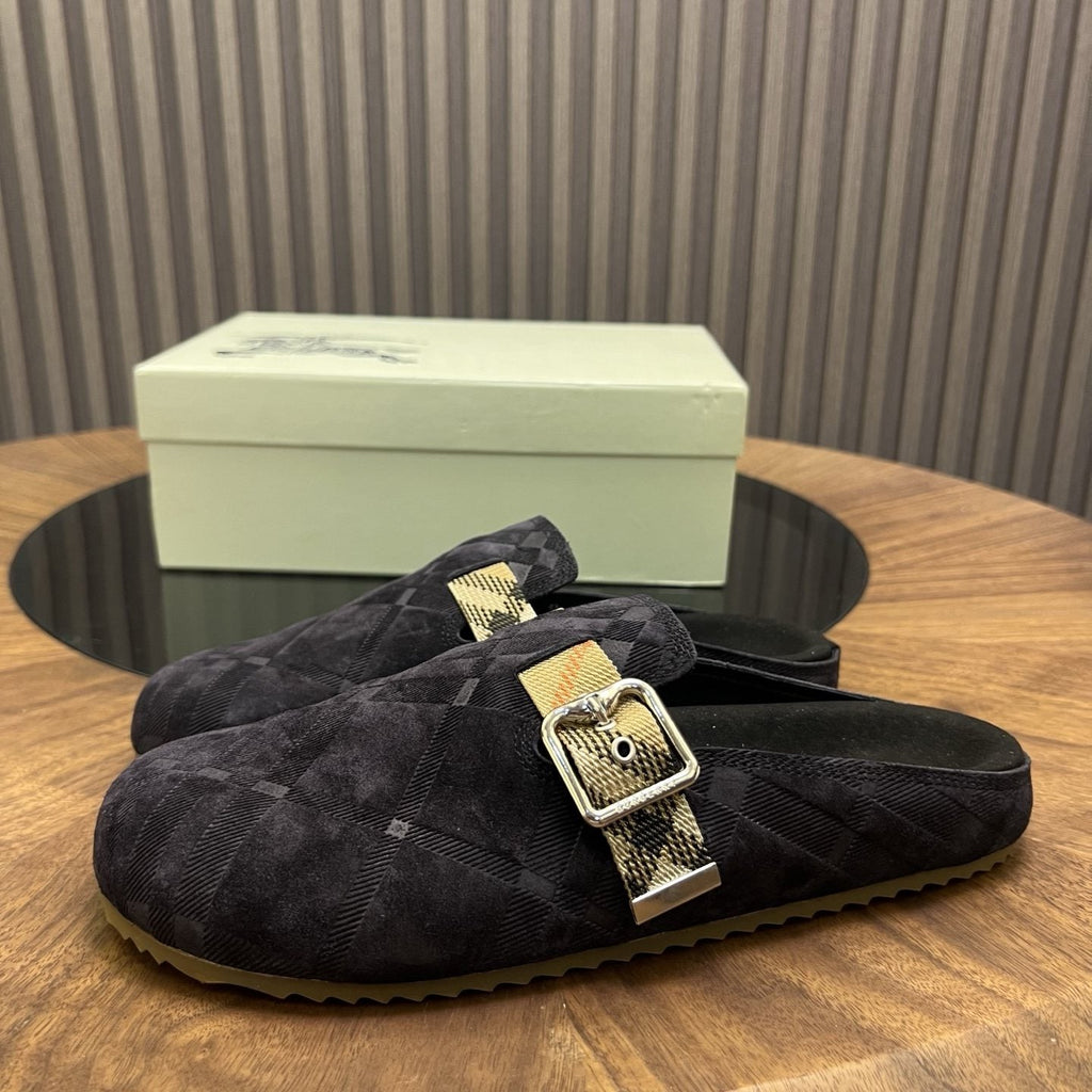 Burberry Brown Plaid Buckle Mule Slippers — front