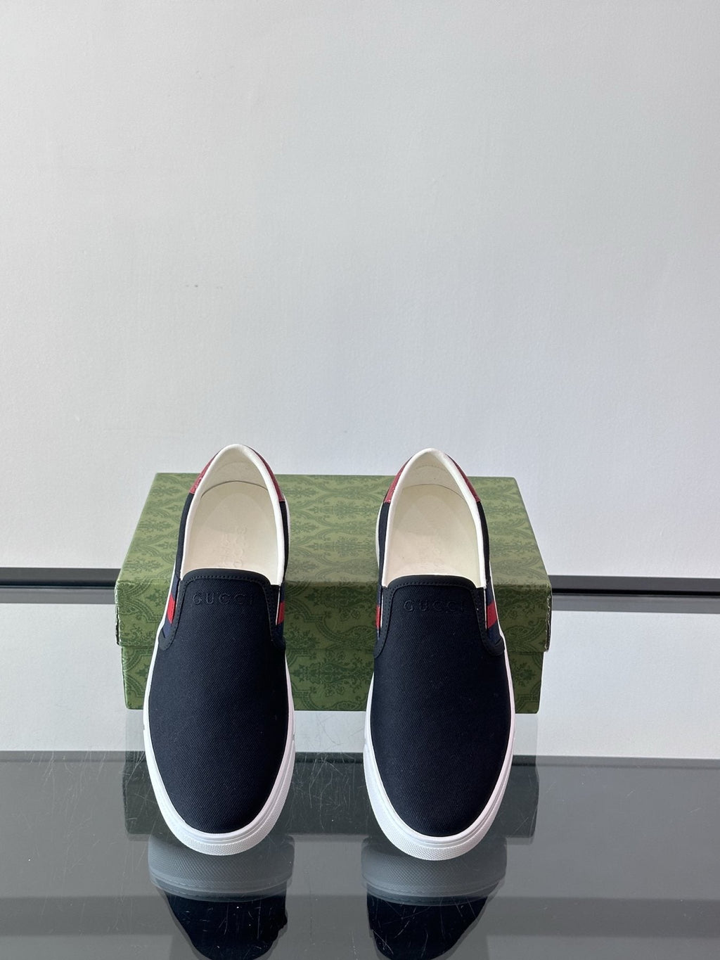 Gucci White Striped Slip-On Shoes — front