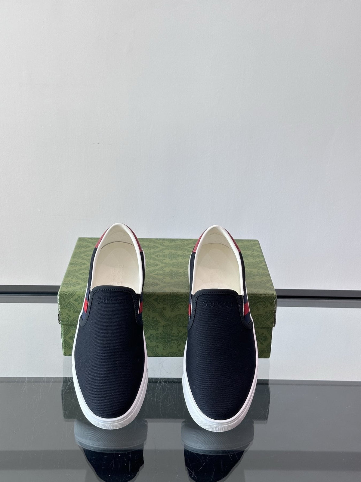 Gucci White Striped Slip-On Shoes — front