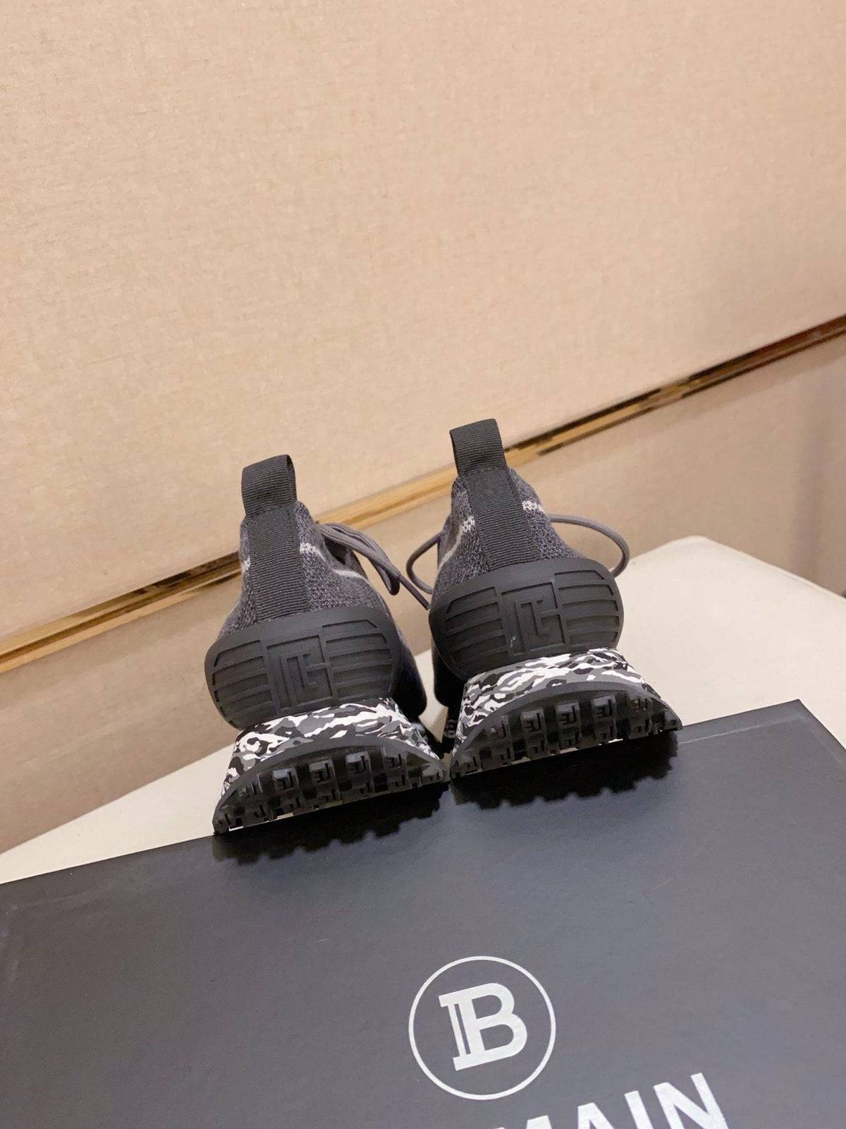 Balmain Gray and Black Knit-Look Sneakers — back