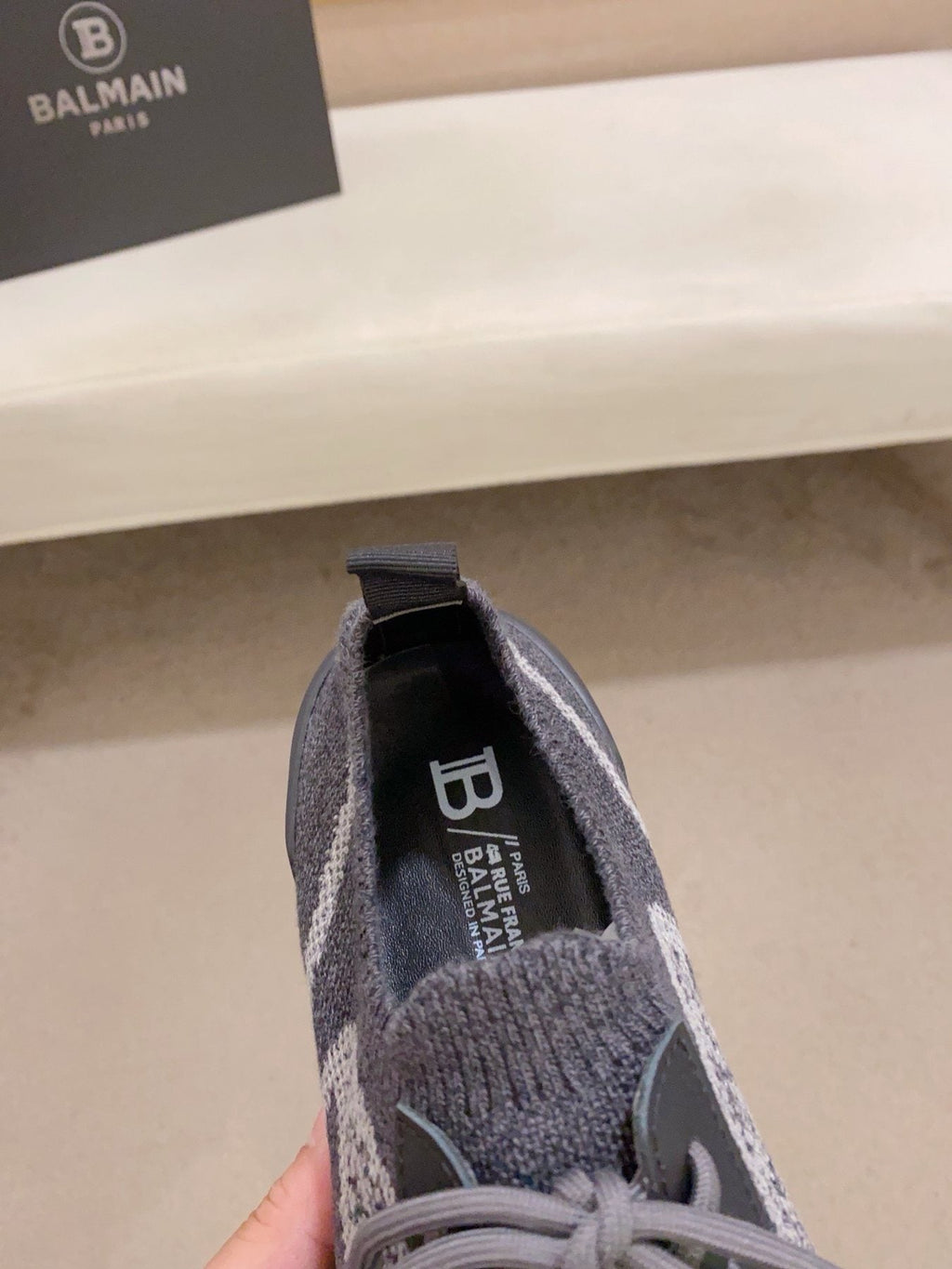 Balmain Gray and Black Knit-Look Sneakers — label